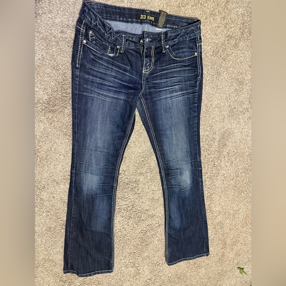 Women's ZCO Dark Wash Saddle Stitch Boot Cut Low Rise Jeans - Picture 3 of 10